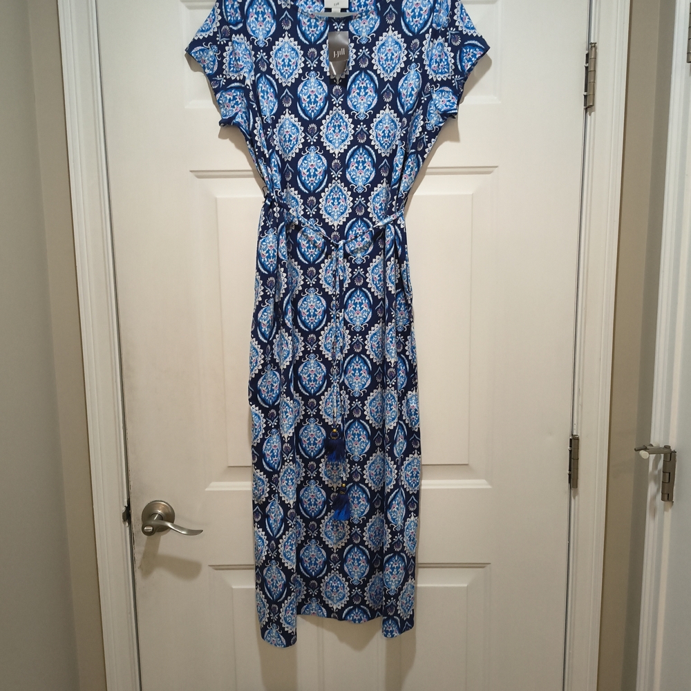 NWT J. Jill  Inky Blue Boho Cap Sleeve Belted Maxi Stretch Dress Size Medium